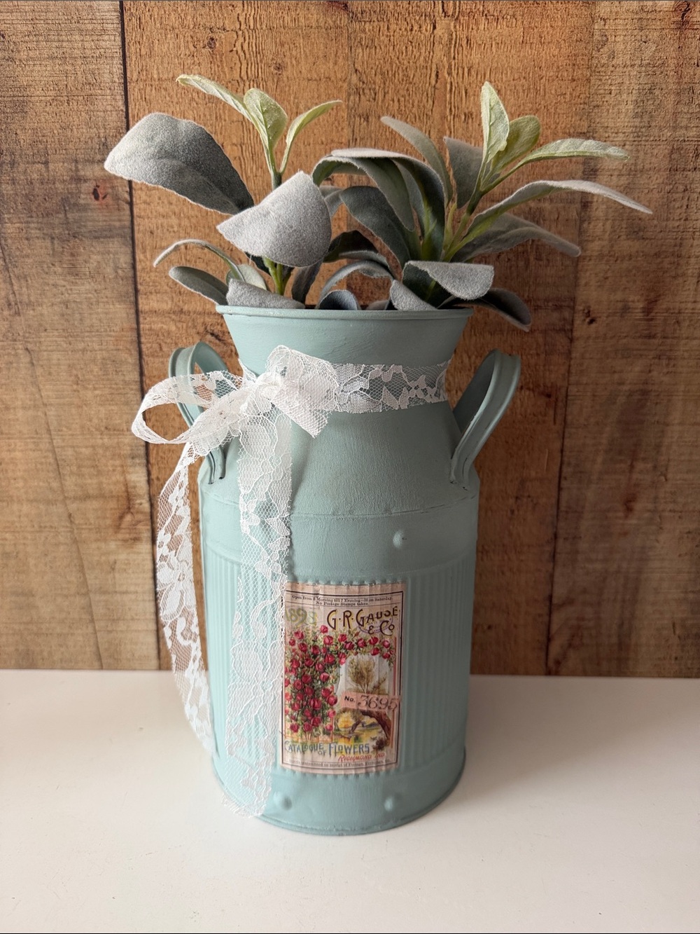 Decorative Painted Duck Egg Blue Galvanized Metal Milk Can Vase with Lace Bow